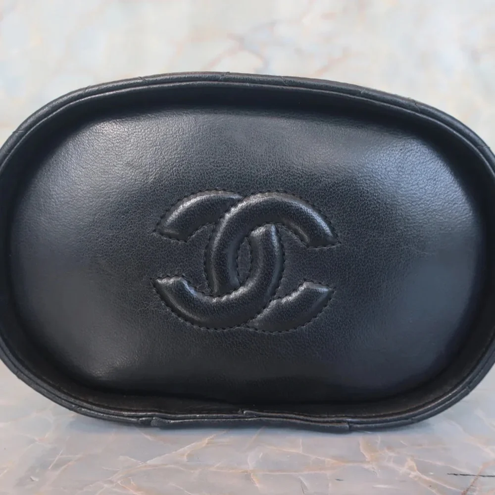 Authentic CHANEL vintage mini vanity bucket 24k gold black lambskin leather bag